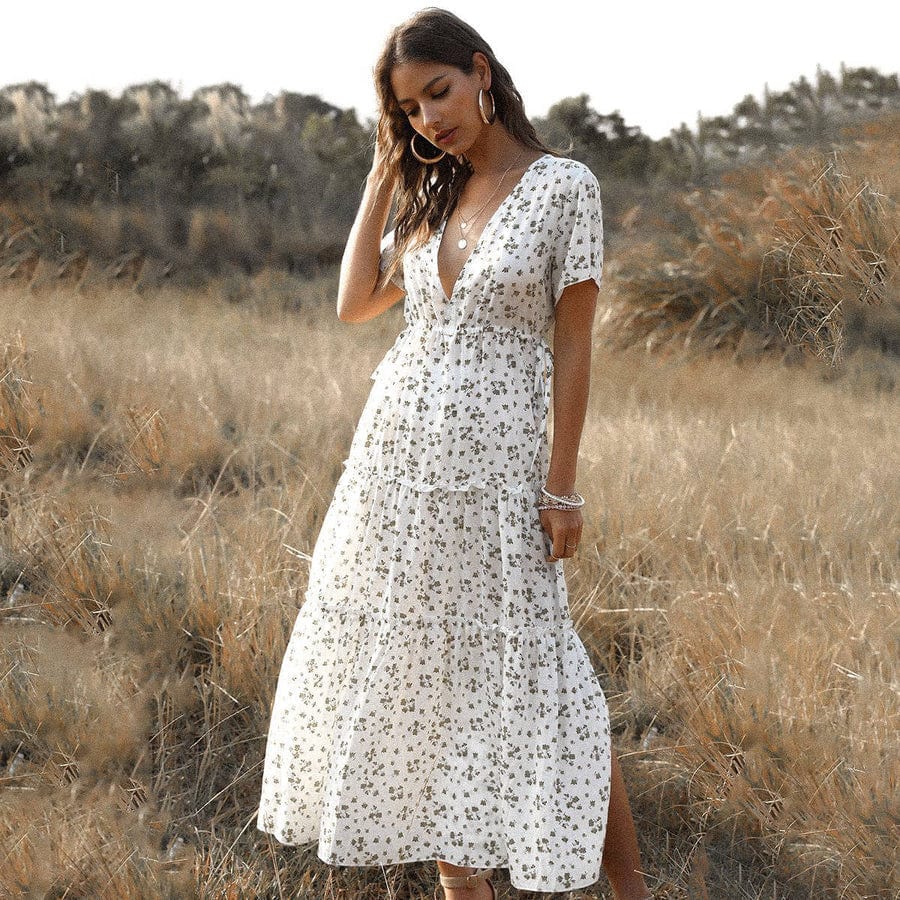 Women's Tess White Long Summer Maxi Dress with Print