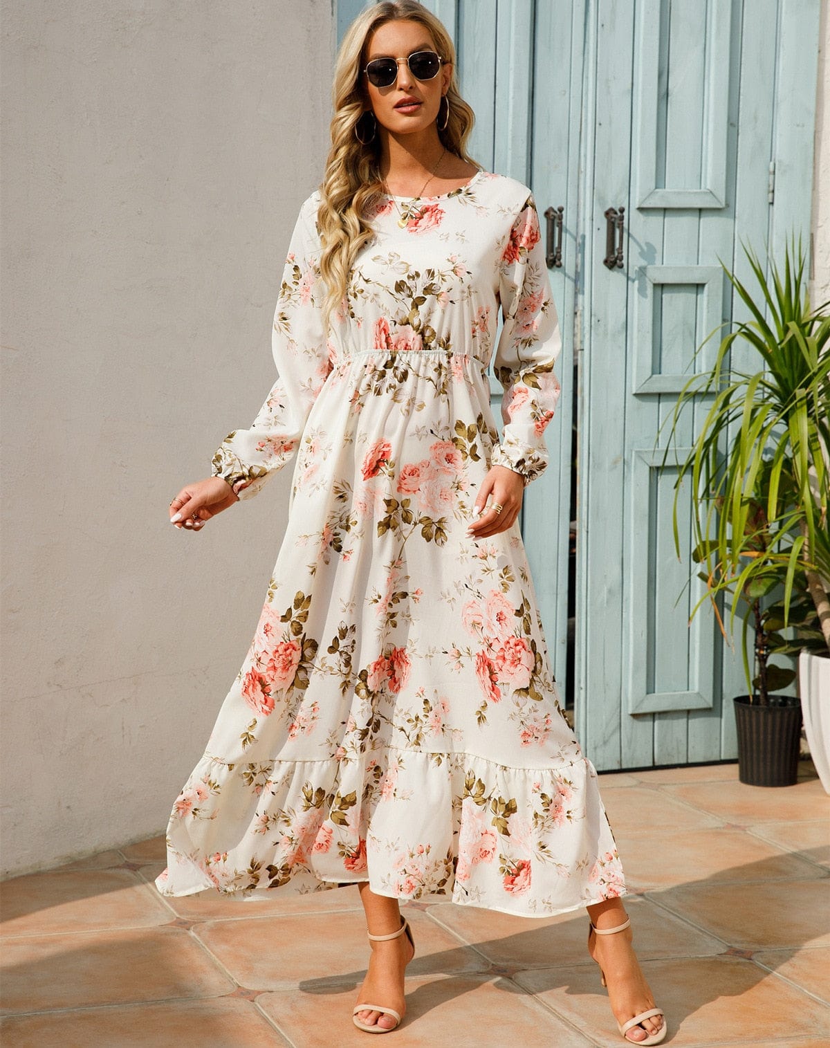 Women's Julia White Long Sleeve Maxi Dress with Summer Floral Pattern